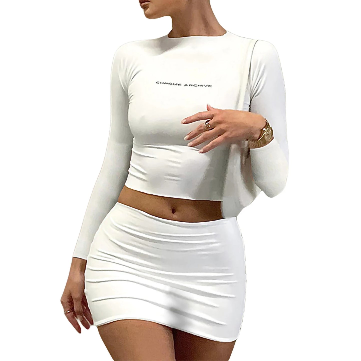 Women Sexy Skirt Set Fashion Solid Crop T-shirt Long Bodycon Skirts Ladies Summer 2 Piece Bodysuit Chic Outfit White 2