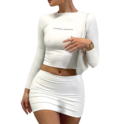 Women Sexy Skirt Set Fashion Solid Crop T-shirt Long Bodycon Skirts Ladies Summer 2 Piece Bodysuit Chic Outfit White 2