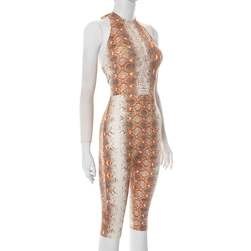 CUTENOVA Women'S Full-Body Printed Hanging Neck Tie Backless Skinny Five Points Jumpsuit Simple Casual Sexy Street Jumpsuit