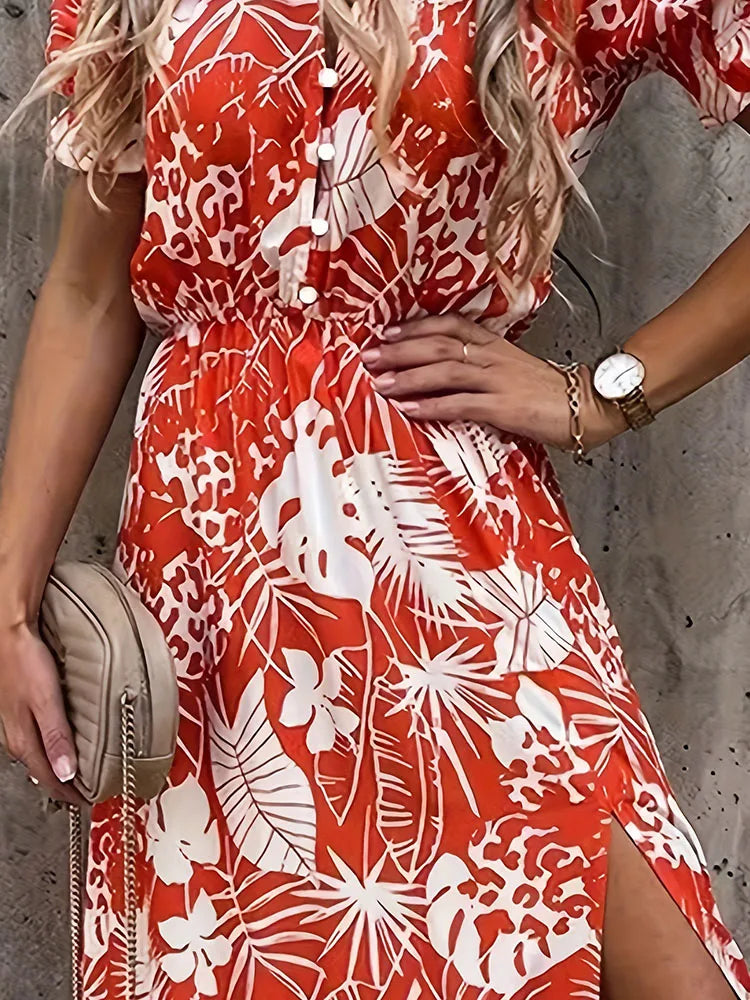 Plus Size Floral Print V Neck Dress, Casual Short Sleeve Dress For Spring & Summer, Women's Plus Size Clothing CORAL RED