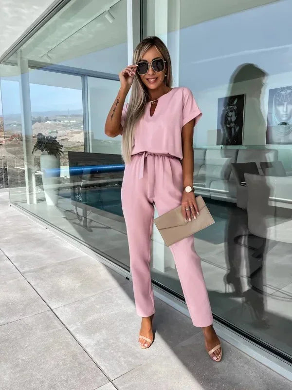 Jumpsuit Women 2023 Solid Color Short Sleeve V-neck Pocket Lace-up Pencil Long Pants Jumpsuits Summer Outfits Bodysuits Badiee Stylez