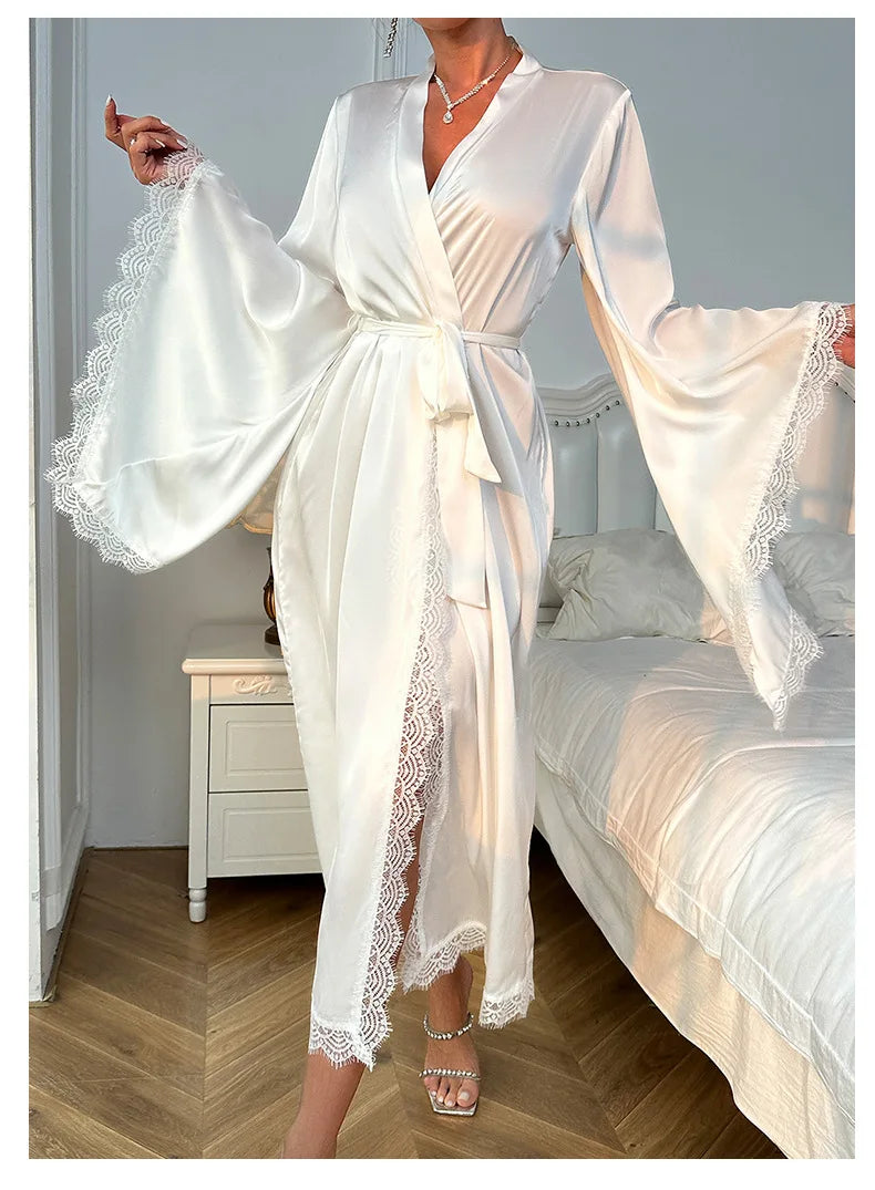 Long Bride Wedding Robe Women Elegant Sleepwear Big Sleeve Lace Full Slip Kimono Loungewear Soft White Rayon Home Dressing Gown