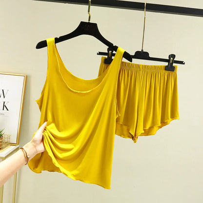 Casual Pyjama Pour Femme Summer Modal Tank Top Shorts Two-Piece Set Round Neck Sleeveless Home Wear Clothes Women Pajamas Suit
