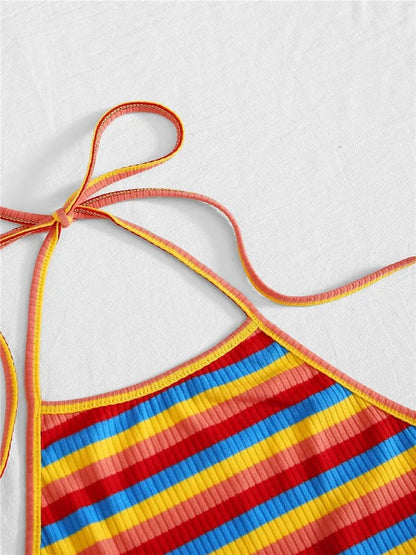 Rainbow Rib-knit Striped Halter Top Women Summer Y2K Clothes Sexy Korean Fashion Backless Sleeveless Crop Top Streetwear 2023