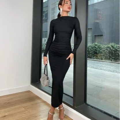 Sexy Bodycon Long Sleeve Midi Dress Women 2024 Autumn Slim Solid Party Package Hip Elegant Dresses For Women Robe Femme