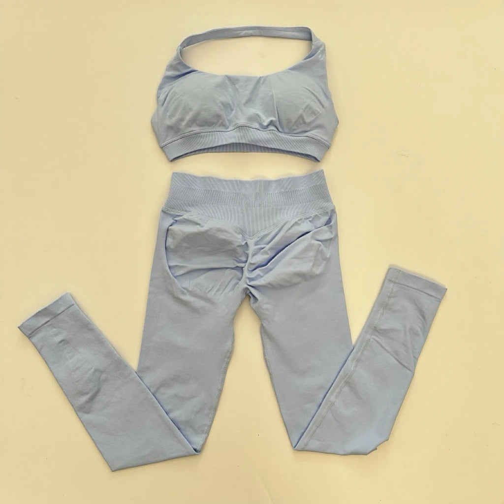 No Logo Yoga Legging Sets for Women Seamless Yoga Set Scrunch Butt Legging Set Workout Gym Suit with Halter Crop Top Badiee Stylez