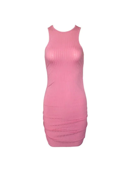 Sexy Stripes Thread Knitting Slim Bodycon Dress Women Sleeveless Solid Color Skinny Mini Dress Elegant Club Party Vestidos Pink