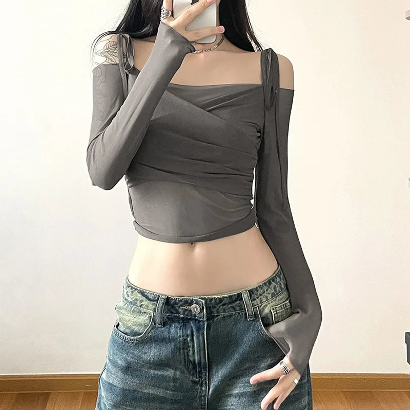 Solid Slash Neck Crop Tops Sexy Off Shoulder Straps Long Sleeve T-Shirts Slim Mesh Tees Y2K Streetwear Women