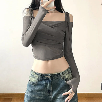 Solid Slash Neck Crop Tops Sexy Off Shoulder Straps Long Sleeve T-Shirts Slim Mesh Tees Y2K Streetwear Women