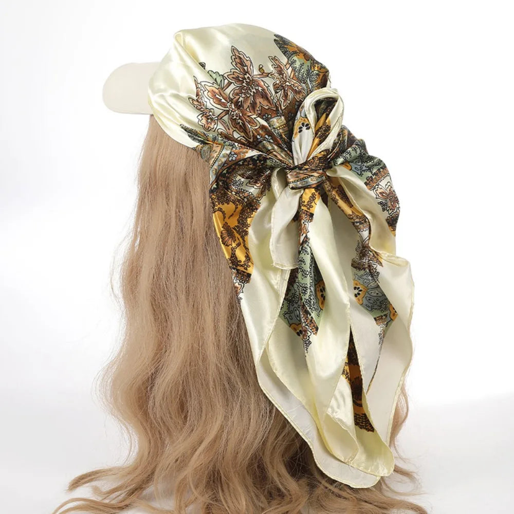 Outdoor Satin Silk Headscarf Hat with Brim 2-in-1 Sun Hat and Headband Elegant Printed Square Scarf Cap Beige