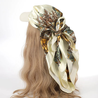 Outdoor Satin Silk Headscarf Hat with Brim 2-in-1 Sun Hat and Headband Elegant Printed Square Scarf Cap Beige
