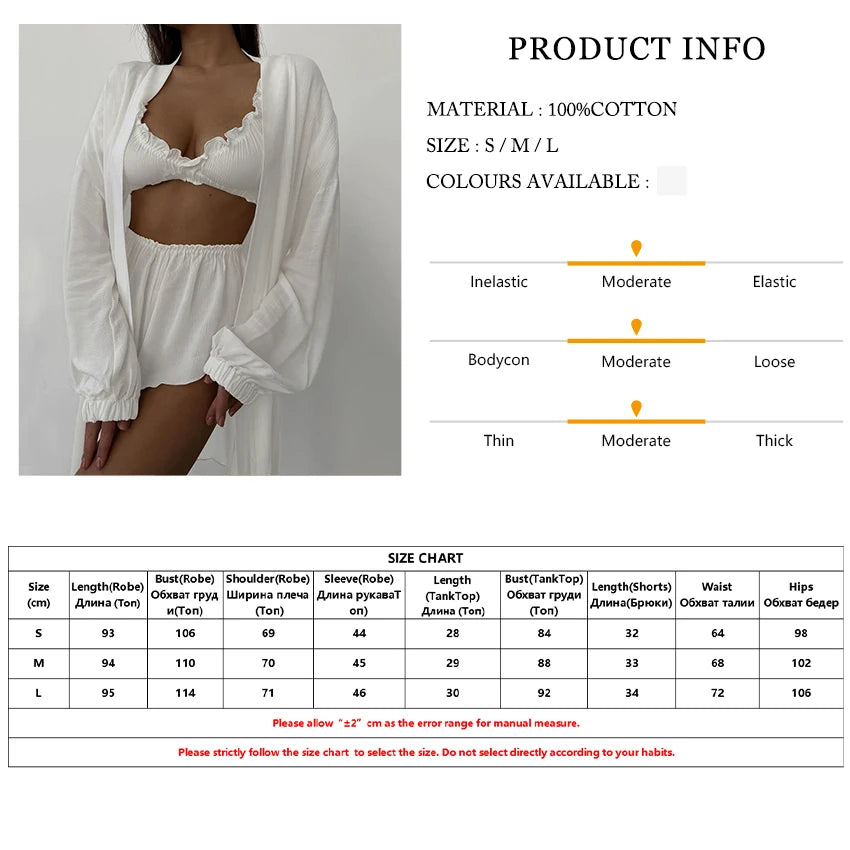 Marthaqiqi Casual Women Nightgowns Set V-Neck Sleepwear Long Sleeve Robe Underwear Shorts White Loose Ladies Pajama 3 Piece Suit