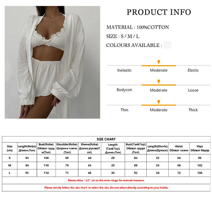 Marthaqiqi Casual Women Nightgowns Set V-Neck Sleepwear Long Sleeve Robe Underwear Shorts White Loose Ladies Pajama 3 Piece Suit