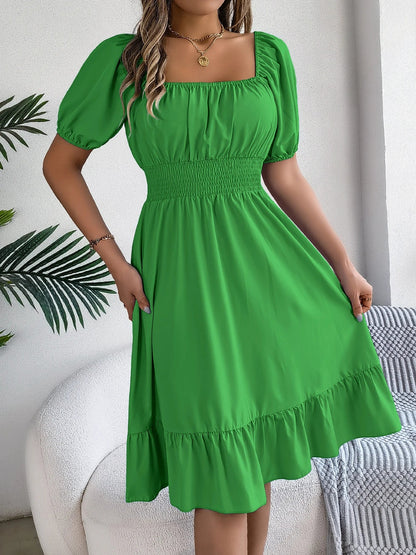 Spring and Summer Elegant High Waisted Dress Square Neck Short Sleeved Ruffled Edge Long Dresses for Women Badiee Stylez