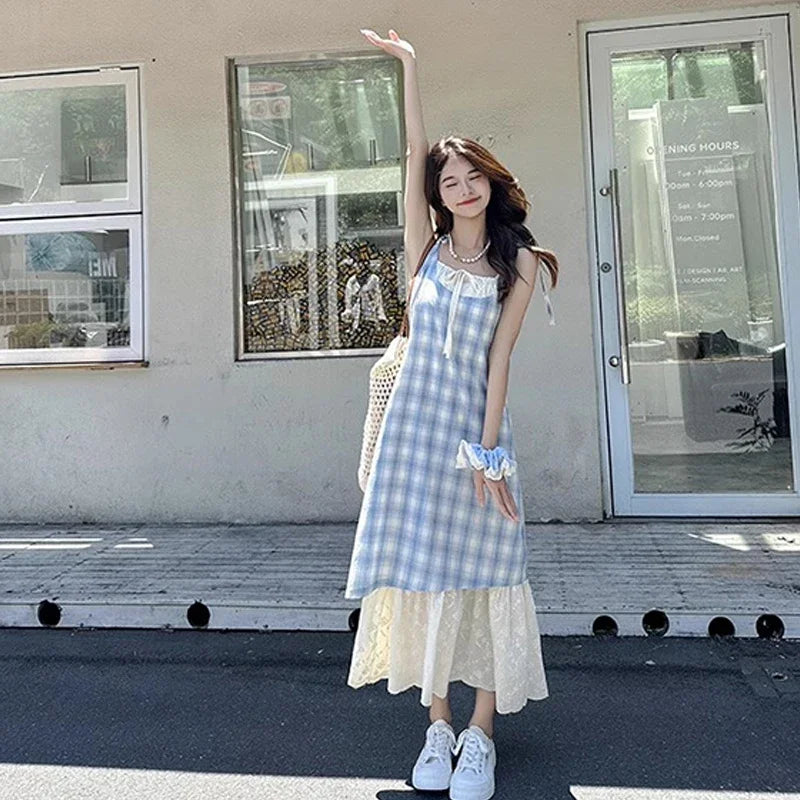 Women Plaid Fake Two Piece Suspender Dress Women Summer Retro Loose Long Lace Patchwork Plaid Sleeveless Dress for Women 2025