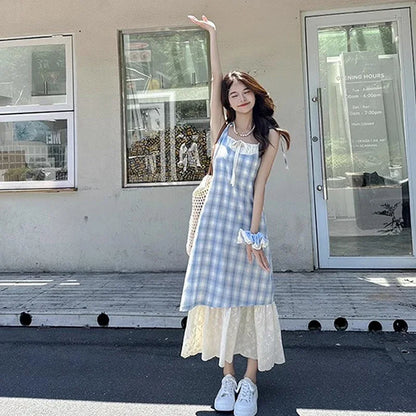Women Plaid Fake Two Piece Suspender Dress Women Summer Retro Loose Long Lace Patchwork Plaid Sleeveless Dress for Women 2025