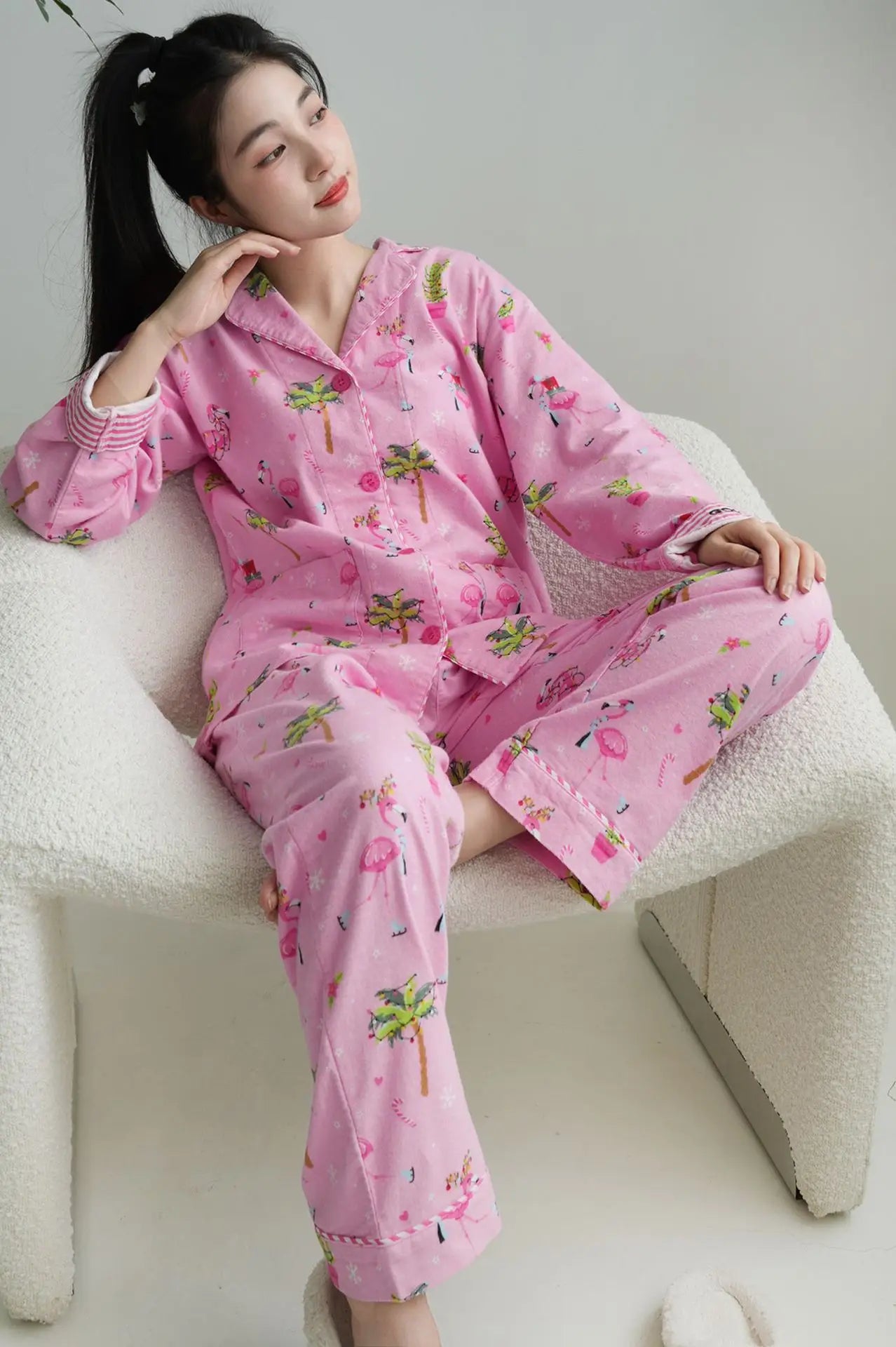 Women's Print Cotton Pajama Set Long Sleeve Autumn Winter Ladies Sleepwear 2 Pcs with Pant Single Breasted Pijama Suit Female