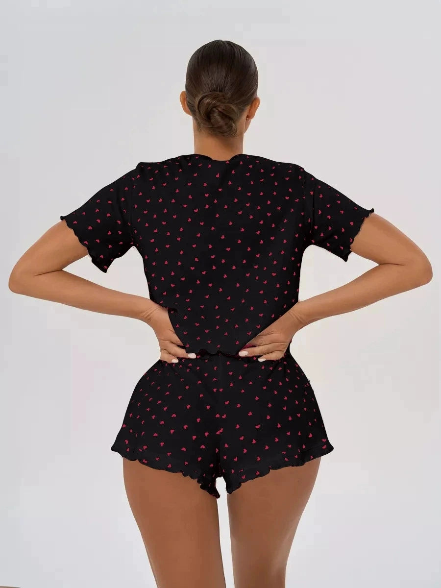 Womens Cute Heart Print Pajama Set Two Piece Short Sleeve Crop Top Ruffle Shorts Sleepwear Loungewear Casual Summer Nightwear ﻿