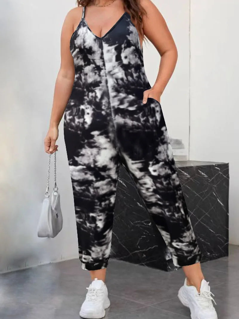 Spring and summer plus size suspender jumpsuit tie-dye print with pockets black