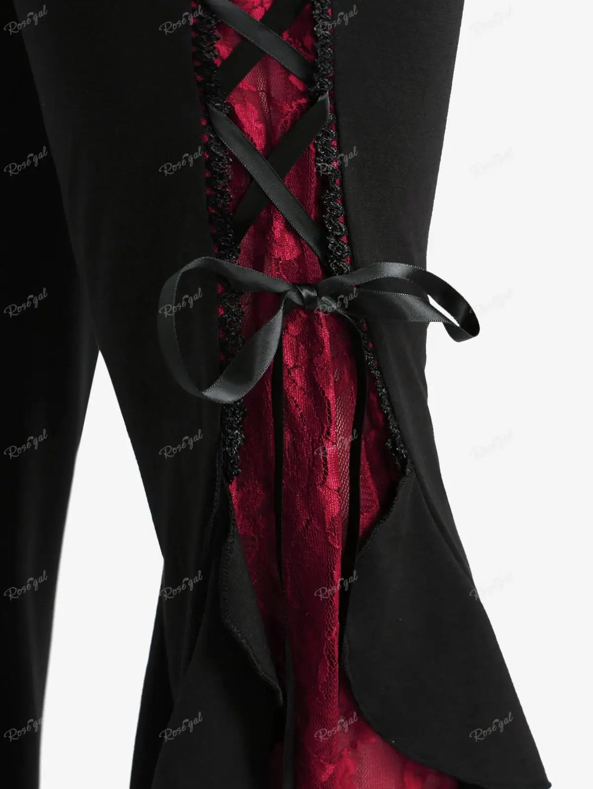 ROSEGAL Plus Size Gothic Lace Panel Lace-up Ruffle Flare Pant Women Streetwear Elastic Waist Pull On Pant Colorblock Bell Bottom