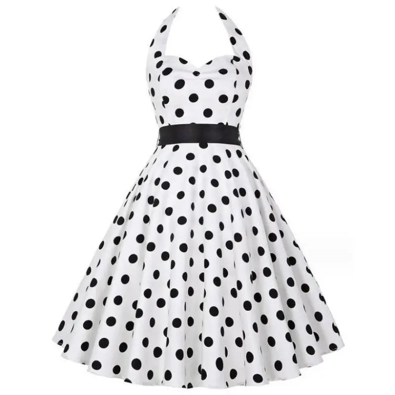 Women Summer Polka Dot Vintage Dress Fashion Party Office Lady Rockabilly Big Swing Halter Clothes white