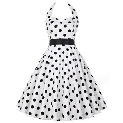 Women Summer Polka Dot Vintage Dress Fashion Party Office Lady Rockabilly Big Swing Halter Clothes white
