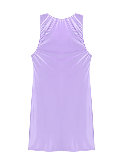 Women's Oil Glossy Stretch Tank Mini Dress Solid Color Sleeveless Tights Bodycon Short Dress Stretch U Neck Party Sundress