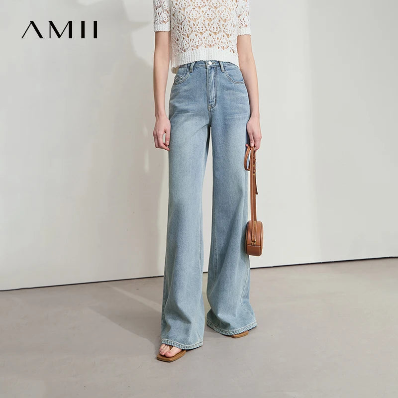 AMII Minimalist Blue Jeans Women 2025 Summer New Versatile Denim Wide Leg Pants Low Waist Thin Casual Loose Trousers 12542121