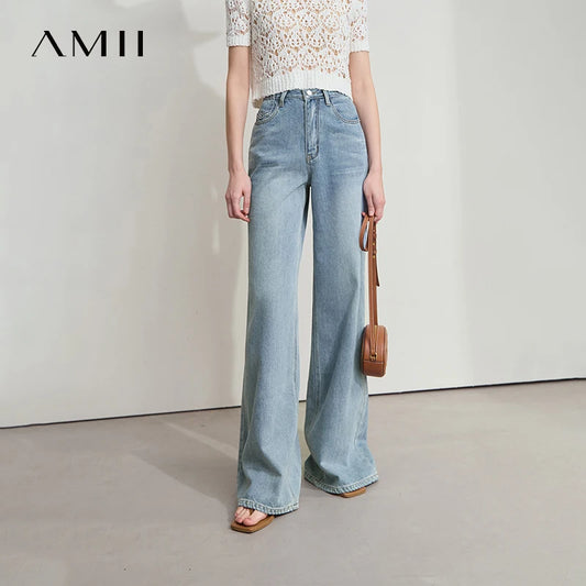 AMII Minimalist Blue Jeans Women 2025 Summer New Versatile Denim Wide Leg Pants Low Waist Thin Casual Loose Trousers 12542121