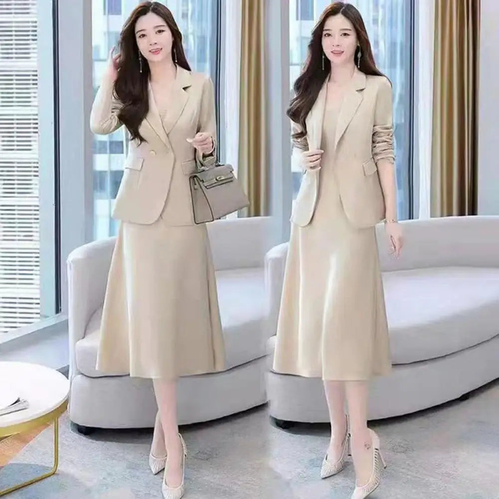 2Pcs/Set Summer Women Suit Dress Outfit Solid Color Mid-length Lady Dress Sets Light Luxury Commute Sling Dress Coat Set