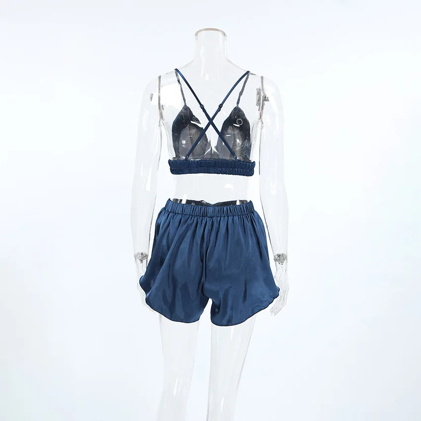 Shorts Nightgown Three-piece Set, Imitation Silk, Loungewear, Feather Pajamas