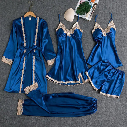 2025New Luxury Satin Pajama Set 5 Pcs Women's Silky Sleepwear Lace Trim Robe Nightgown Cami Shorts Pants Elegant Loungewear Hot royal blue