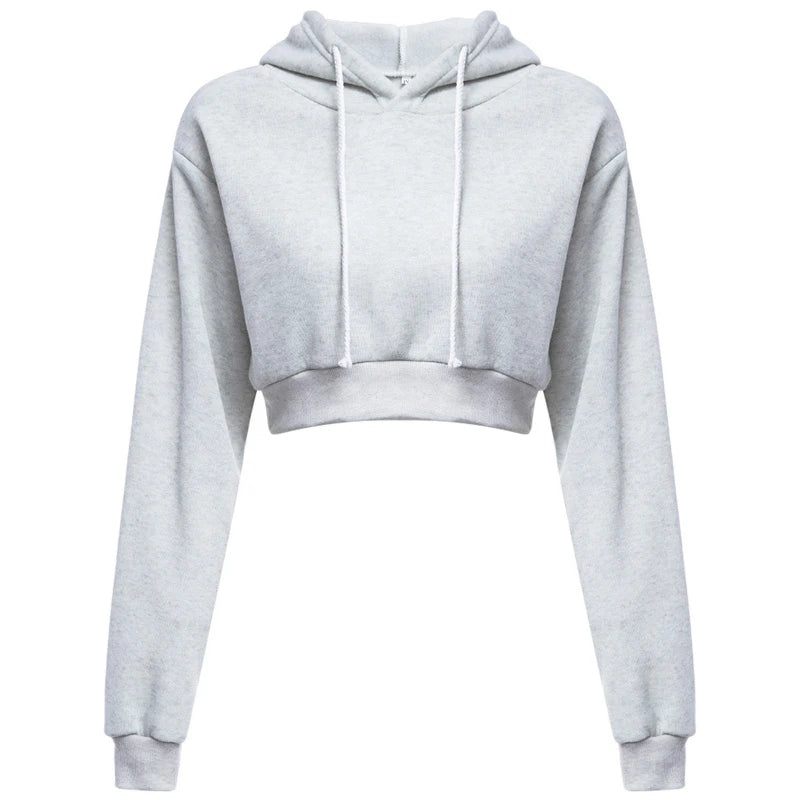 New Fashion Women Hoodie Sweatshirt Short Top Coat Sport Pullover Hooded Tops Female Autumn Winter Clothes Crop Top Hoodie GRAY