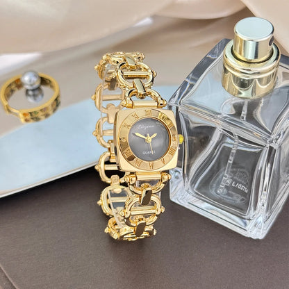 High-End Women's Skeleton Design Watch Square Roman Hour Markers Light Luxury Fashion Cross-Border Best-Seller Ladies Watch