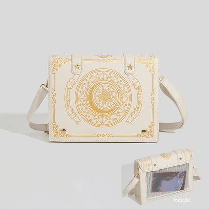 Kawaii Star Moon Badge Display Shoulder Bag Magic Book Design Transparent Window Women Messenger Bag PU Girls Ita-bag Lolita Beige
