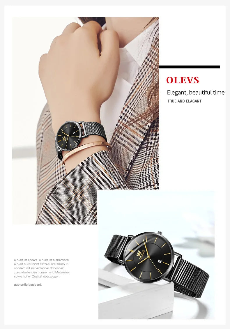 OLEVS Watch For Women Japan Quartz Movement 6.5mm Case Thickness Waterproof Ladies Hand Clock Calendar Fashion Dress Wrist Watch