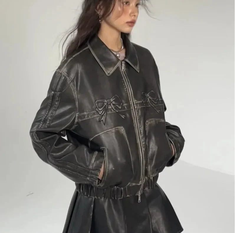 Zekye Vintage Women's Faux Leather Jacket Autumn Winter Lapel Collar Bow Detail Zipper Overcoat Fashionable Outerwear