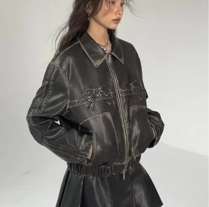 Zekye Vintage Women's Faux Leather Jacket Autumn Winter Lapel Collar Bow Detail Zipper Overcoat Fashionable Outerwear