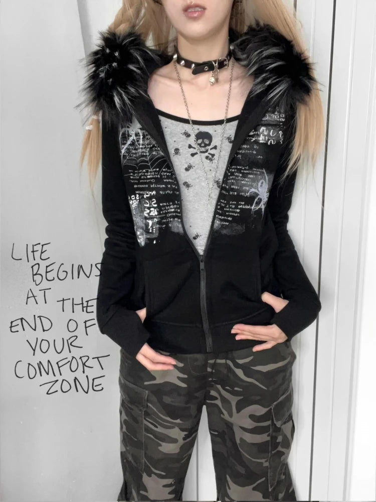 Y2k Fur Patchwork Grunge Hoodies Women Streetwear Vintage Harajuku Gothic Print Hooded Sweatshirt Coat Aesthetic Slim Jacket