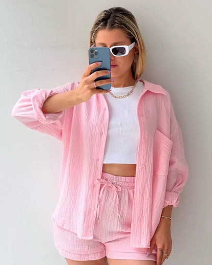 Short Sets Women Tracksuit Single Breasted Cardigan Blouses Two Pieces Shorts Loose Button High Street Solid Pockets Folds