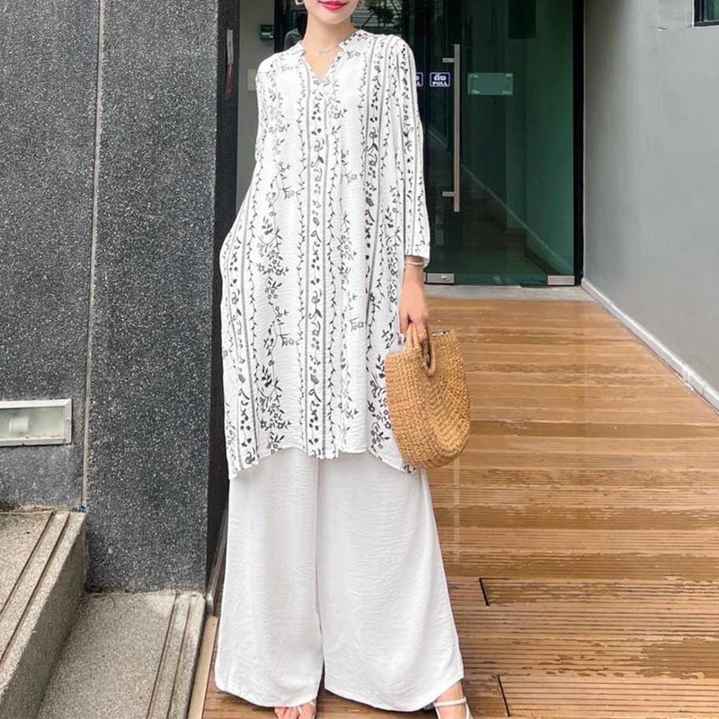 2025 ZANZEA Fashion Autumn Long Shirt Pant Suits Women Outfts 2 Piece Sets Long Sleeve Printed Tops Trousers Casual Tracksuits Badiee Stylez