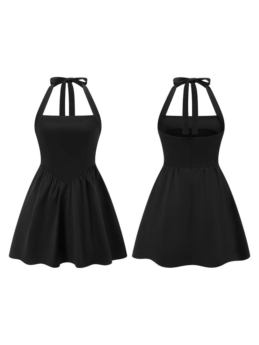 Women Summer Fashion Sexy Mini Tank Dress Sleeveless Halter Neck Solid Tie Up A-line High Waist Party Clubwear Bubble Dress