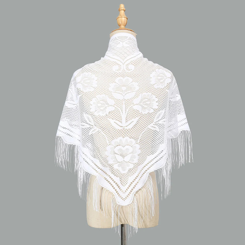 2024 White/Black Catholic Woman Spanish Style Lace Tassel Church Veil Head Covering Long Veil Floral Scarves Wedding Accessories Badiee Stylez