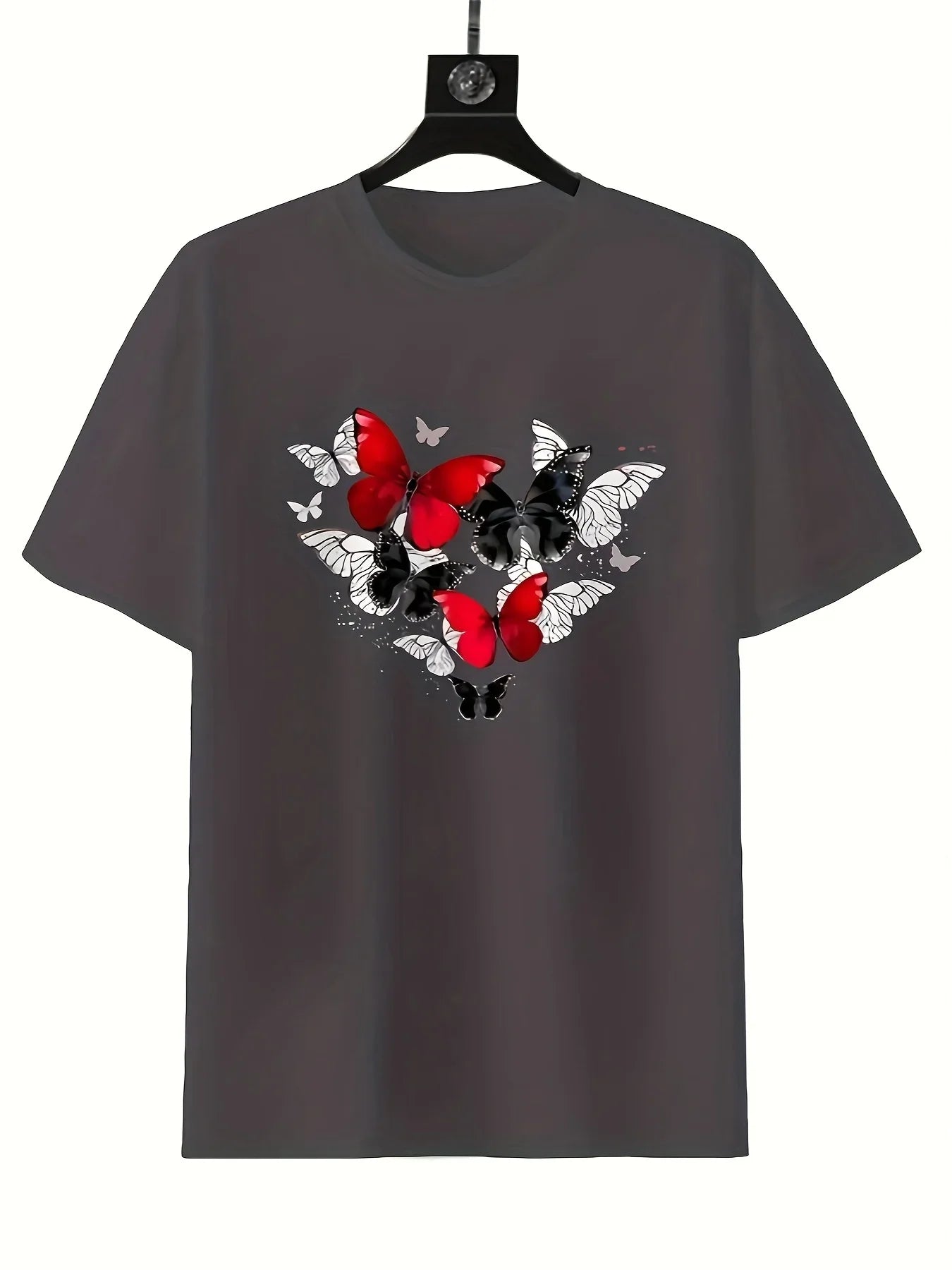 Women's Red Butterfly Heart Print T-Shirt Short Sleeve Round Neck Casual Top for Spring Summer & All-Season Wear Badiee Stylez