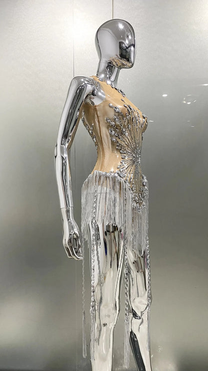 Sliver Sequins Shining Diamonds Long Tassel Sleeveless Mini Dress High Quality Evening Dress Woman Birthday Party Outfit