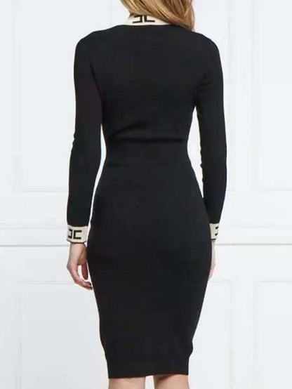 Women's Casual Dress V-neck Knit Elegant Long Sleeve Waisted Slim Fit Women Dresses Black Free Size Badiee Stylez