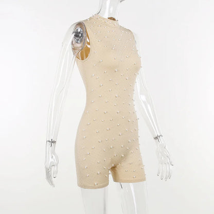 Sexy O-neck Sleeveless Jumpsuit Women Summer Beaded Mesh Rompers Skinny Elegent One Piece Apricot Fashion Hot Combinaison Femme