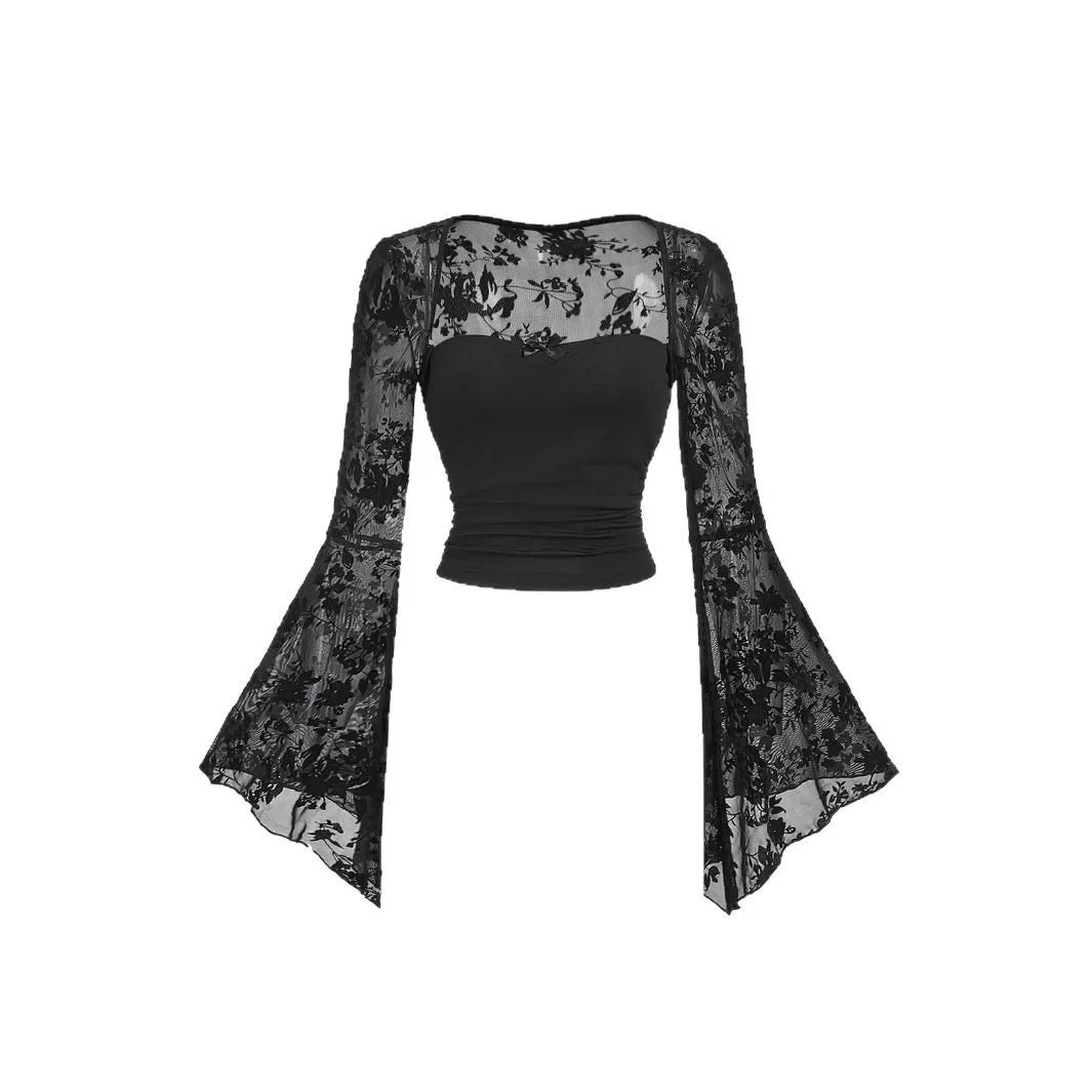 Design Sensation Lace Splicing Long Sleeve Mesh T-Shirt Sexy Elegant Style Full Sleeve Square Collar Polyester Fiber Top