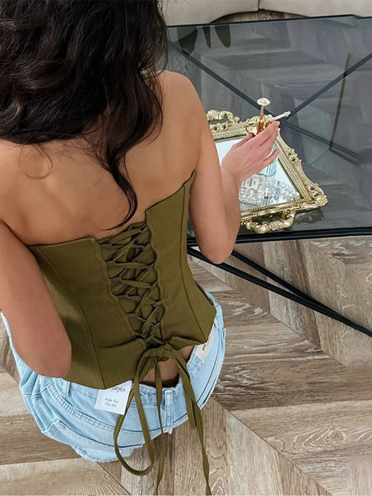 Two Piece Set Fishbone Strapless Vest Top Suit Short Jacket Solid Color Slim Fit Fashion Women Tank Blouse Waist Cinched Coat