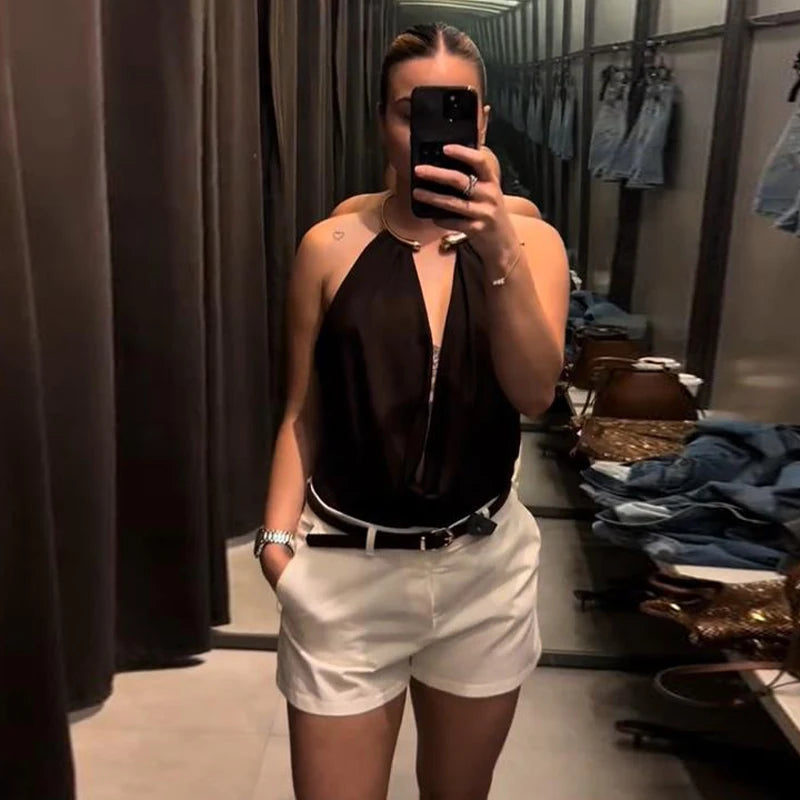 Sexy Metal Halter Deep V-neck Jumpsuits Women High Street Backless Sleeveless Short Bodysuit 2025 Summer New Lady Slim Clubwear
